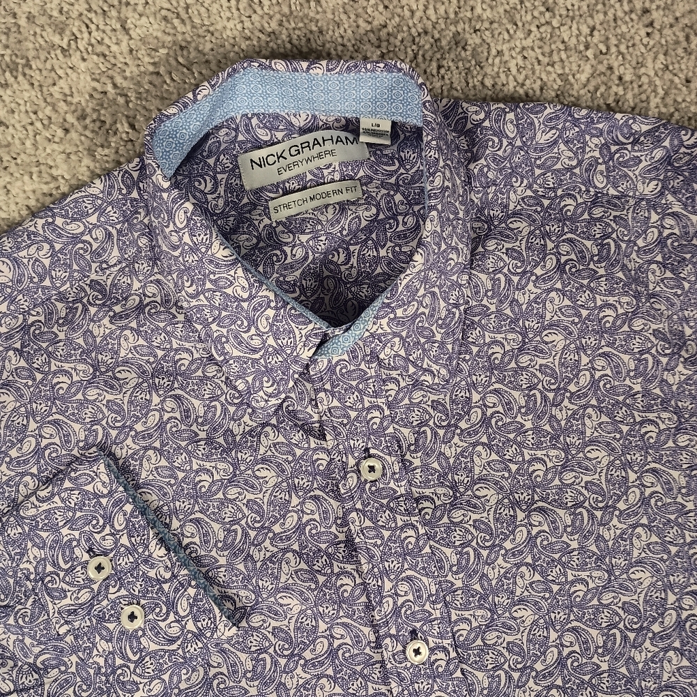 Nick Graham Purple Paisley‎ Large Everywhere Stretch Modern Fit Mens Dress Shirt
